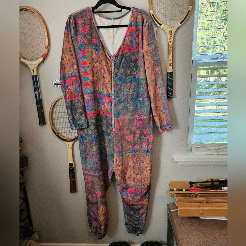 Natural Life Fleece One Piece Jumpsuit Zip Up Floral PJ's Colorful Boho Size L - Picture 2 of 4